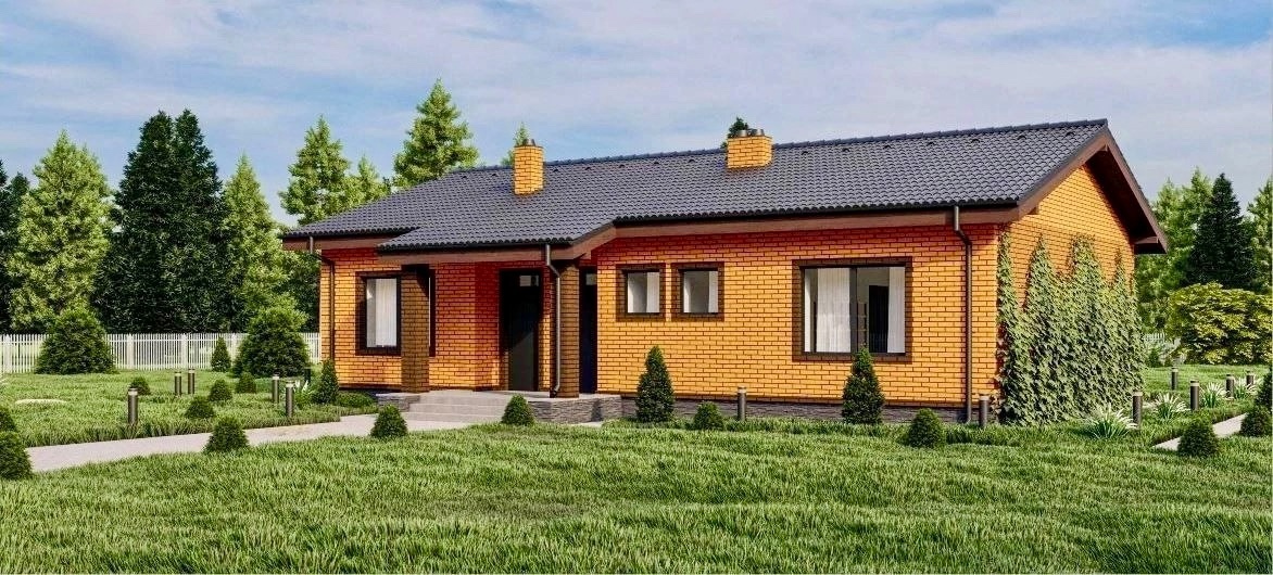 Одноэтажный дом на три спальни, кухня- гостиная, прихожая, совмещенный санузел, котельная и терраса